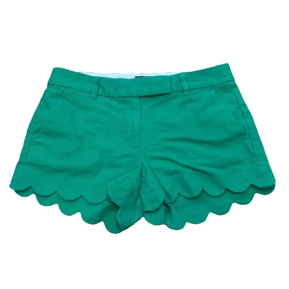 J.Crew Linen Blend Scalloped Edge Shorts Womens Size 4 Kelly Green Beachy Preppy